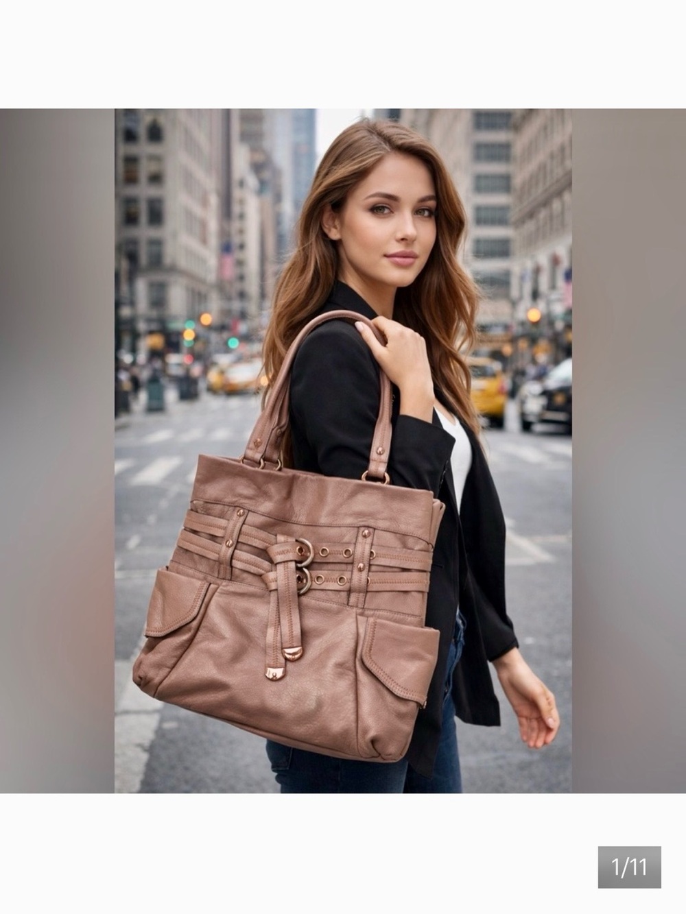 New Without Tags: B Makowsky Taupe Double Belted Pebbled Leather shoulder bag